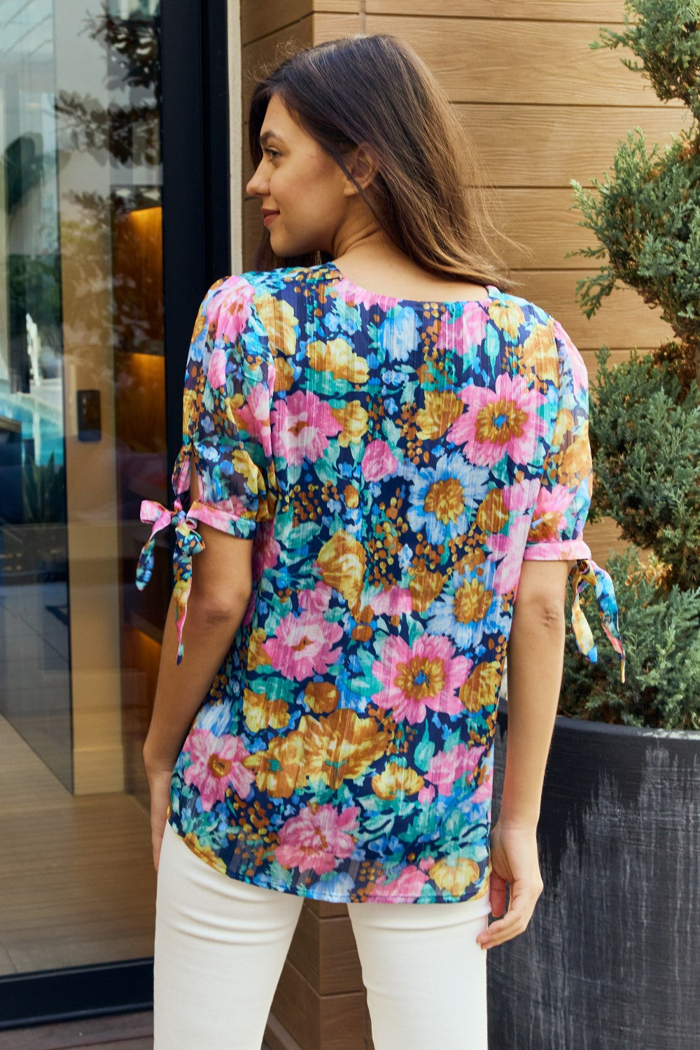 Petal Dew Full Size Floral V-Neck Tie Detail Blouse  | KIKI COUTURE