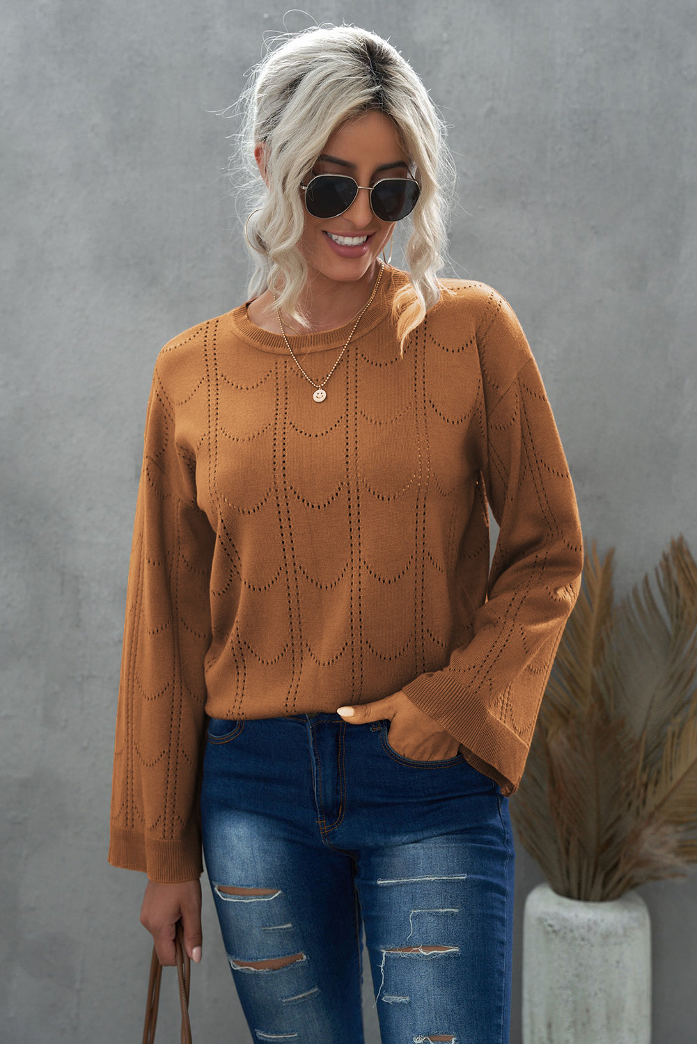Openwork Flare Sleeve Pullover Sweater  | KIKI COUTURE-Women's Clothing, Designer Fashions, Shoes, Bags