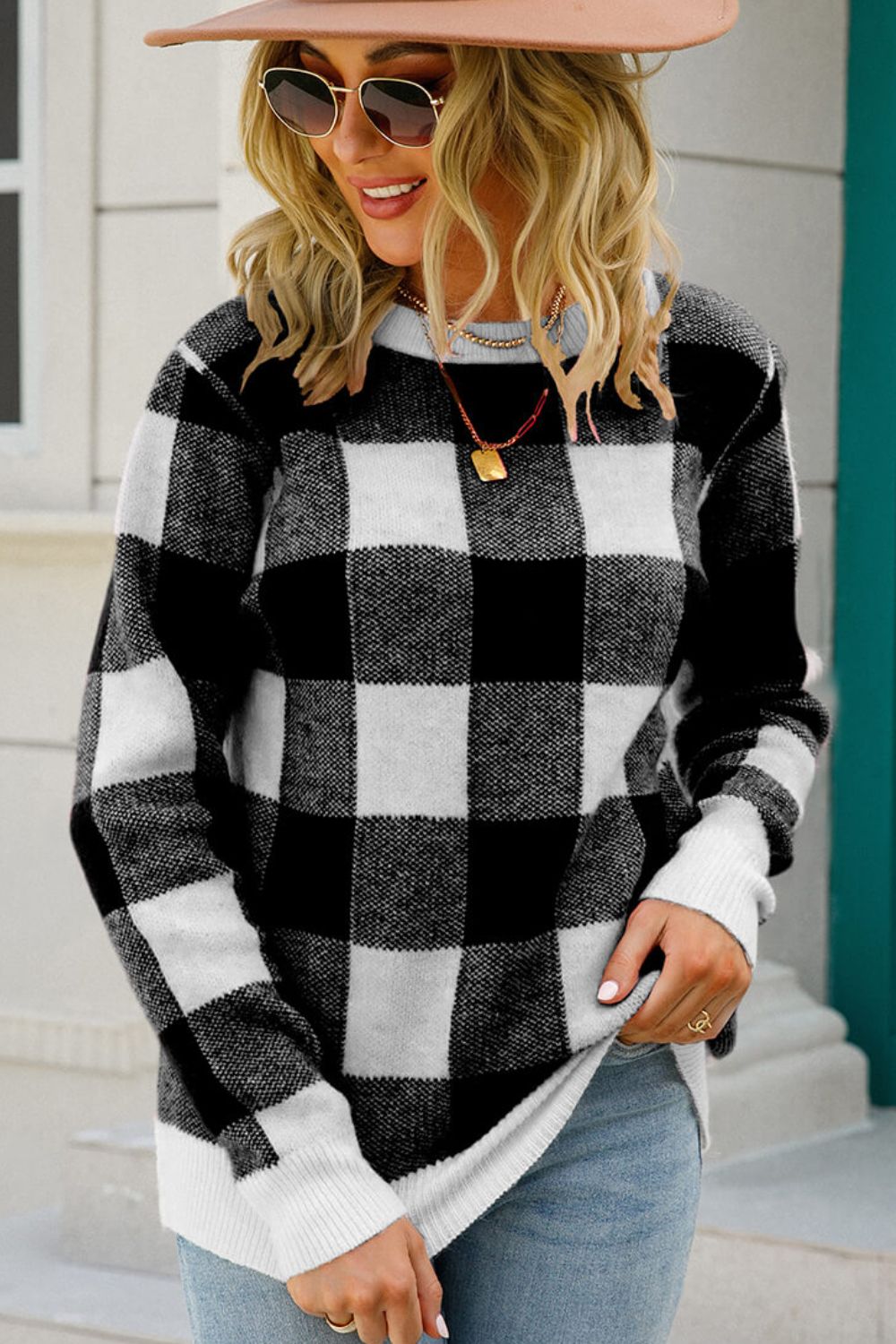 Checkered Ribbed Trim Knit Pullover  | KIKI COUTURE-Women's Clothing, Designer Fashions, Shoes, Bags