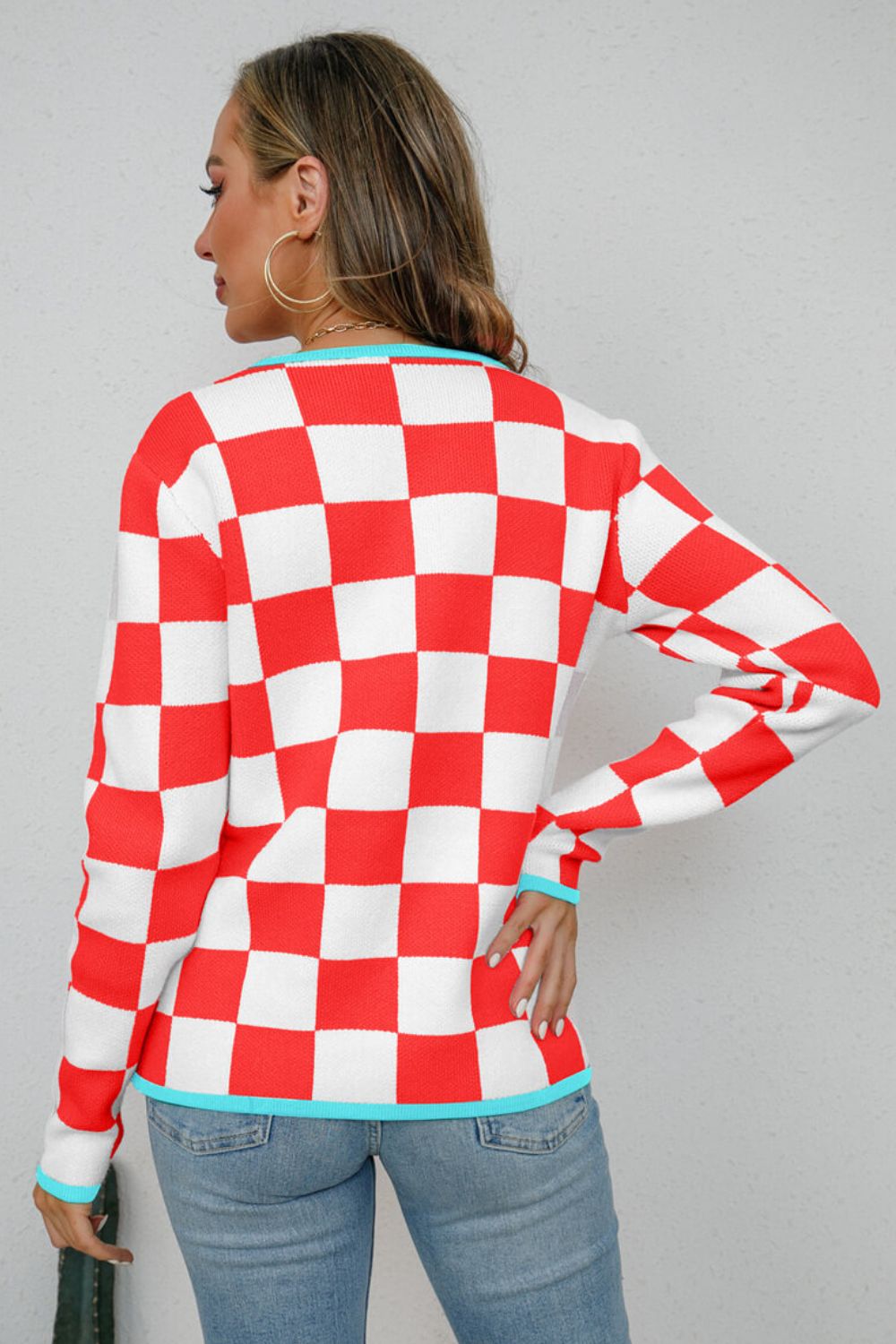 Checkered Round Neck Sweater  | KIKI COUTURE-Women's Clothing, Designer Fashions, Shoes, Bags