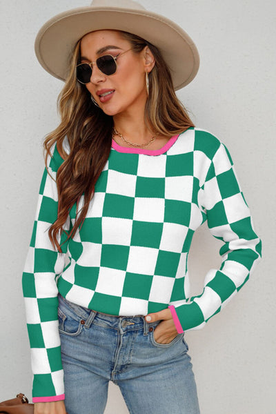 Checkered Round Neck Sweater  | KIKI COUTURE-Women's Clothing, Designer Fashions, Shoes, Bags