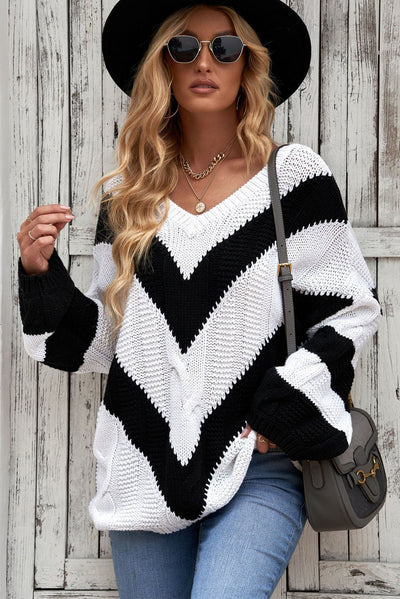 Chevron Cable-Knit V-Neck Tunic Sweater  | KIKI COUTURE-Women's Clothing, Designer Fashions, Shoes, Bags