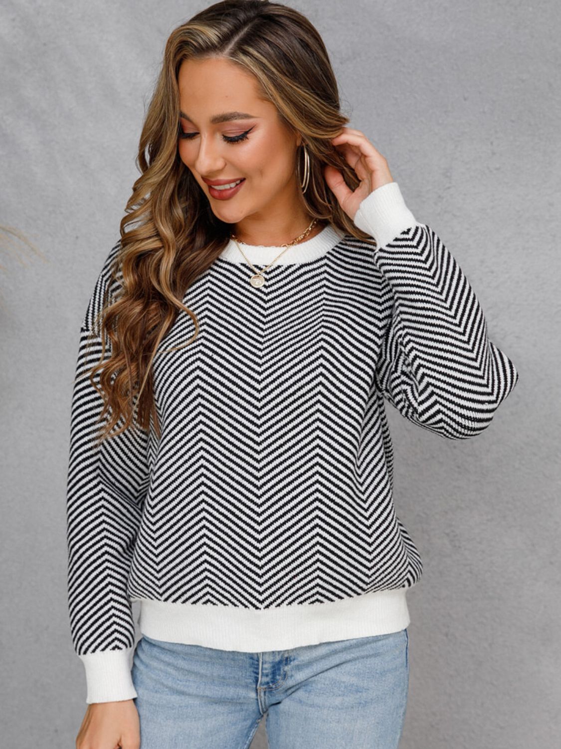 Chevron Ribbed Trim Dropped Shoulder Knit Pullover  | KIKI COUTURE-Women's Clothing, Designer Fashions, Shoes, Bags