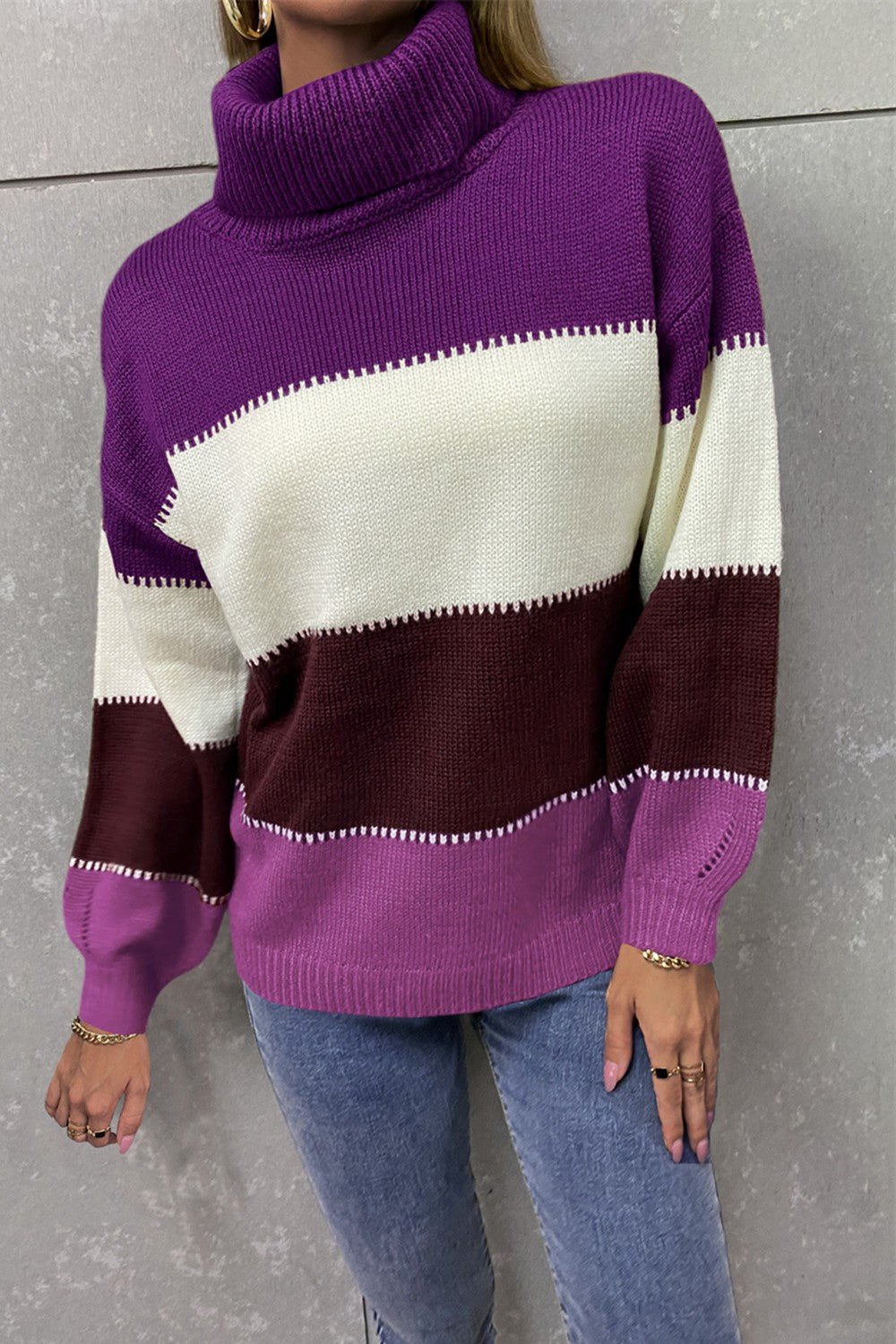 Color Block Lantern Sleeve Turtleneck Sweater  | KIKI COUTURE-Women's Clothing, Designer Fashions, Shoes, Bags