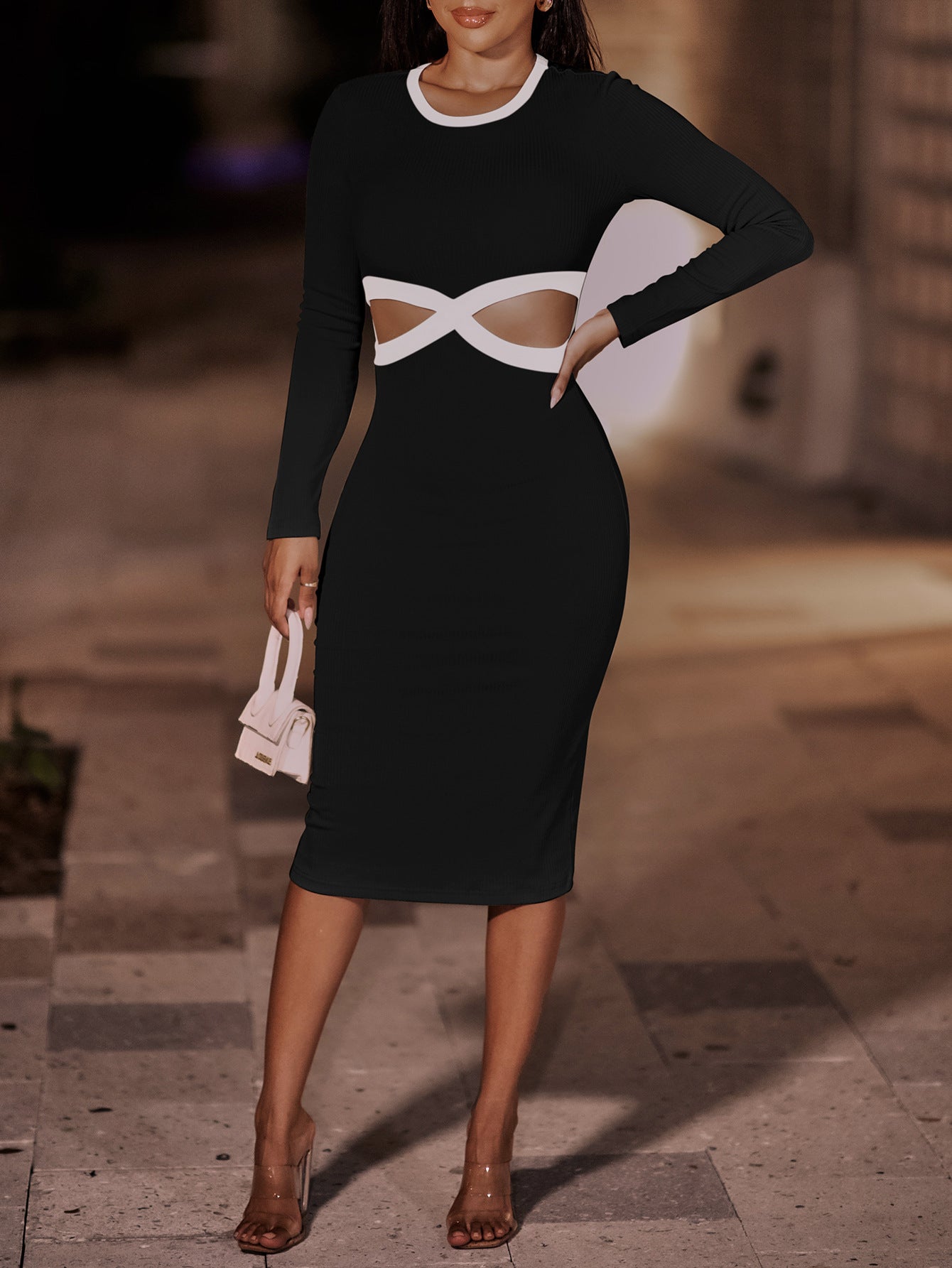 Contrast Cutout Ribbed Bodycon Dress  | KIKI COUTURE-Women's Clothing, Designer Fashions, Shoes, Bags