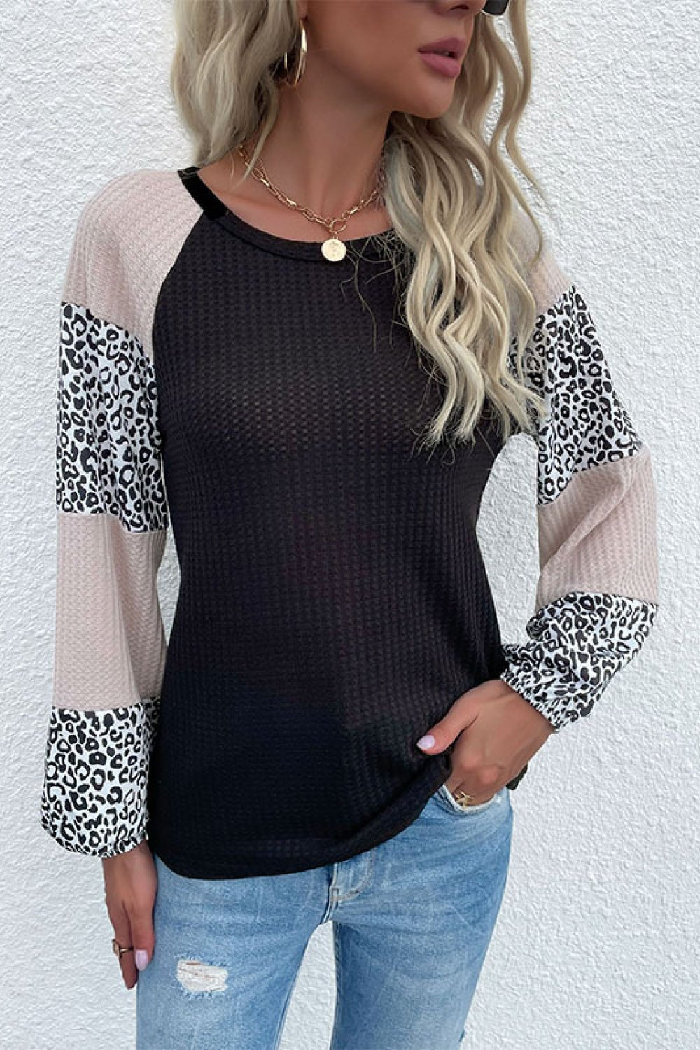 Contrast Leopard Print Waffle Knit Tee  | KIKI COUTURE-Women's Clothing, Designer Fashions, Shoes, Bags