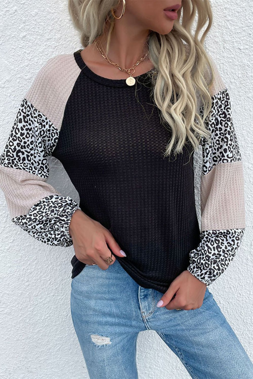 Contrast Leopard Print Waffle Knit Tee  | KIKI COUTURE-Women's Clothing, Designer Fashions, Shoes, Bags