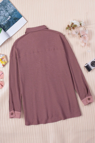 Contrast Waffle-Knit Shirt Jacket  | KIKI COUTURE-Women's Clothing, Designer Fashions, Shoes, Bags