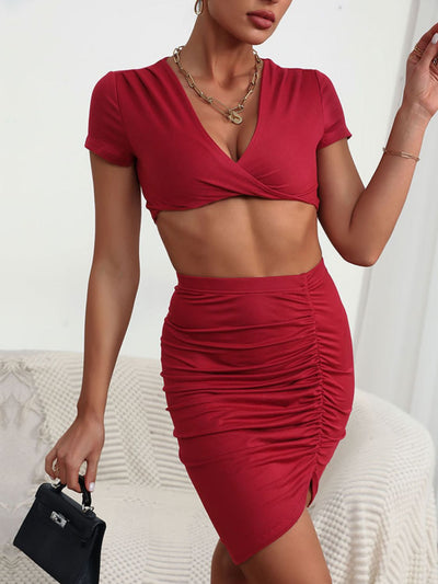 Twisted Deep V Cropped Top and Ruched Skirt Set  | KIKI COUTURE-Women's Clothing, Designer Fashions, Shoes, Bags