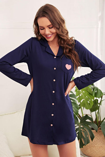 Heart Graphic Lapel Collar Night Shirt Dress  | KIKI COUTURE-Women's Clothing, Designer Fashions, Shoes, Bags