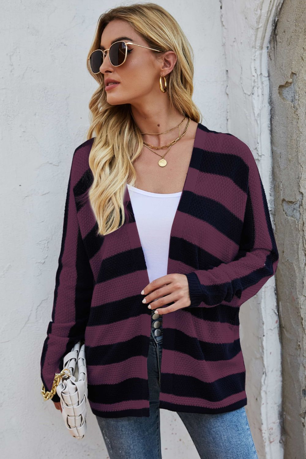 Striped Dolman Sleeve Open Front Cardigan  | KIKI COUTURE-Women's Clothing, Designer Fashions, Shoes, Bags