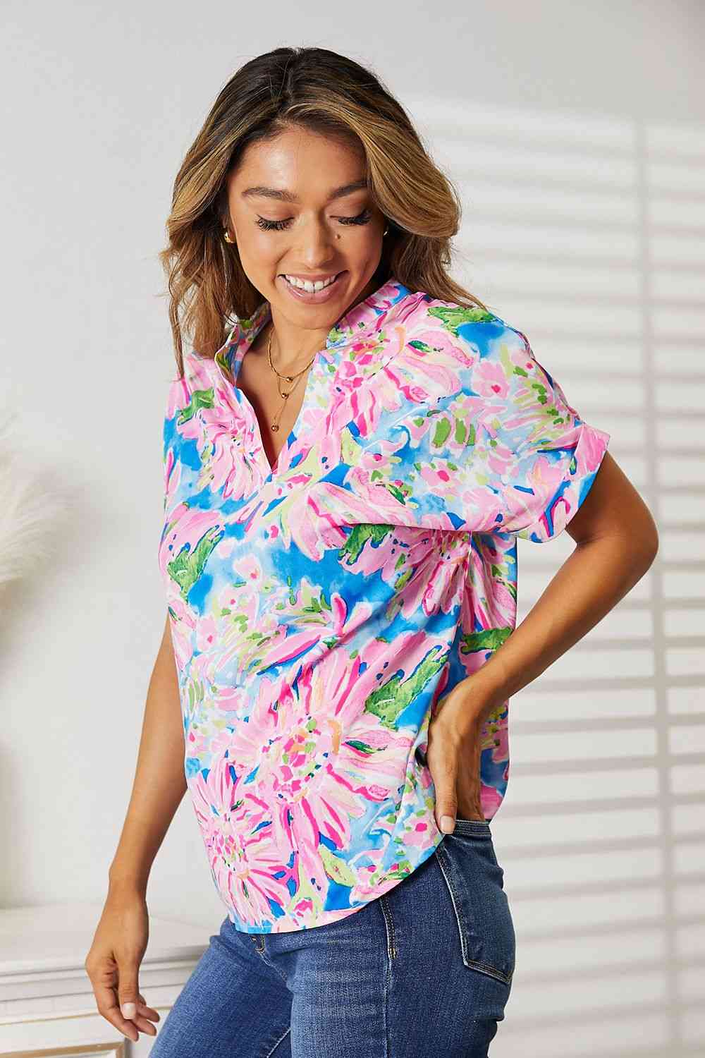 Double Take Floral Notched Neck Short Sleeve Top  | KIKI COUTURE