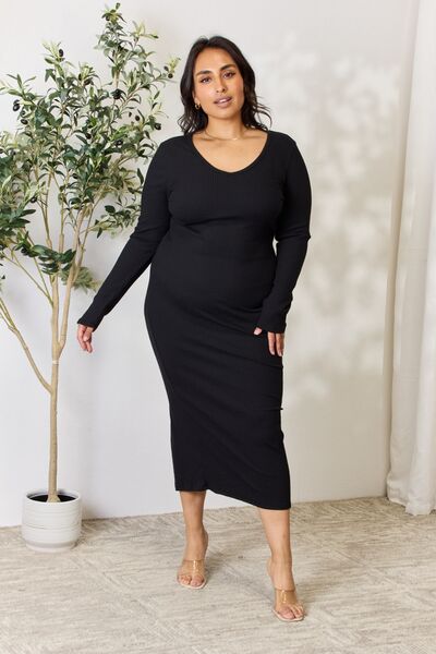 Culture Code Full Size Ribbed Long Sleeve Midi Slit Dress  | KIKI COUTURE