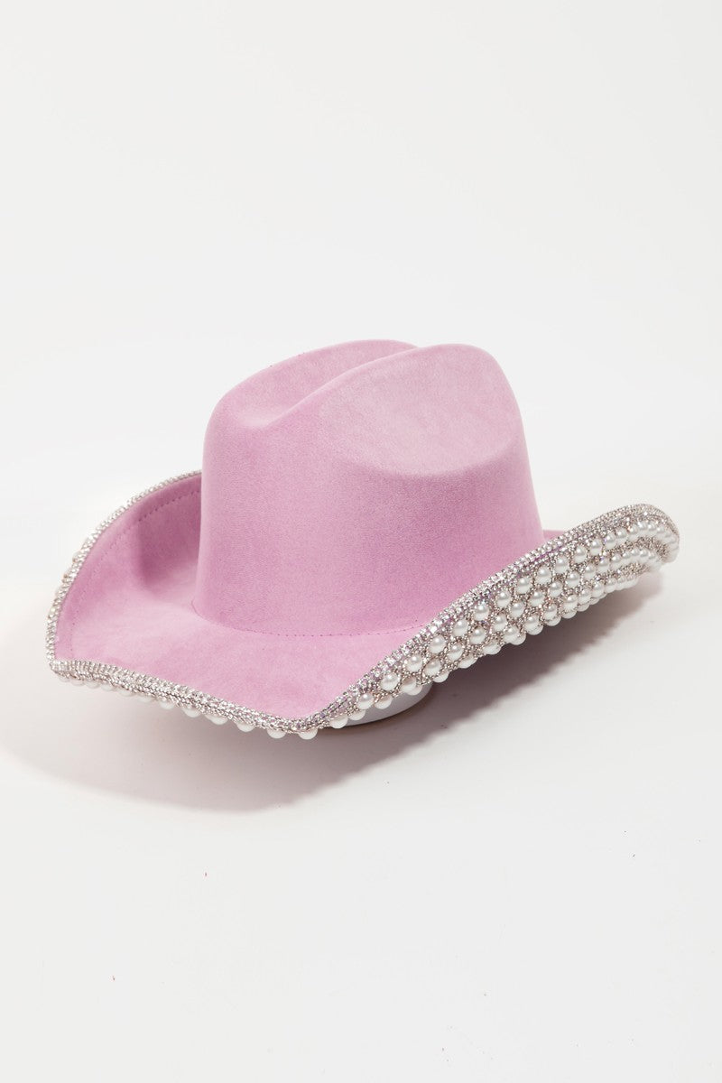 Fame Pave Rhinestone Pearl Trim Cowboy Hat  | KIKI COUTURE