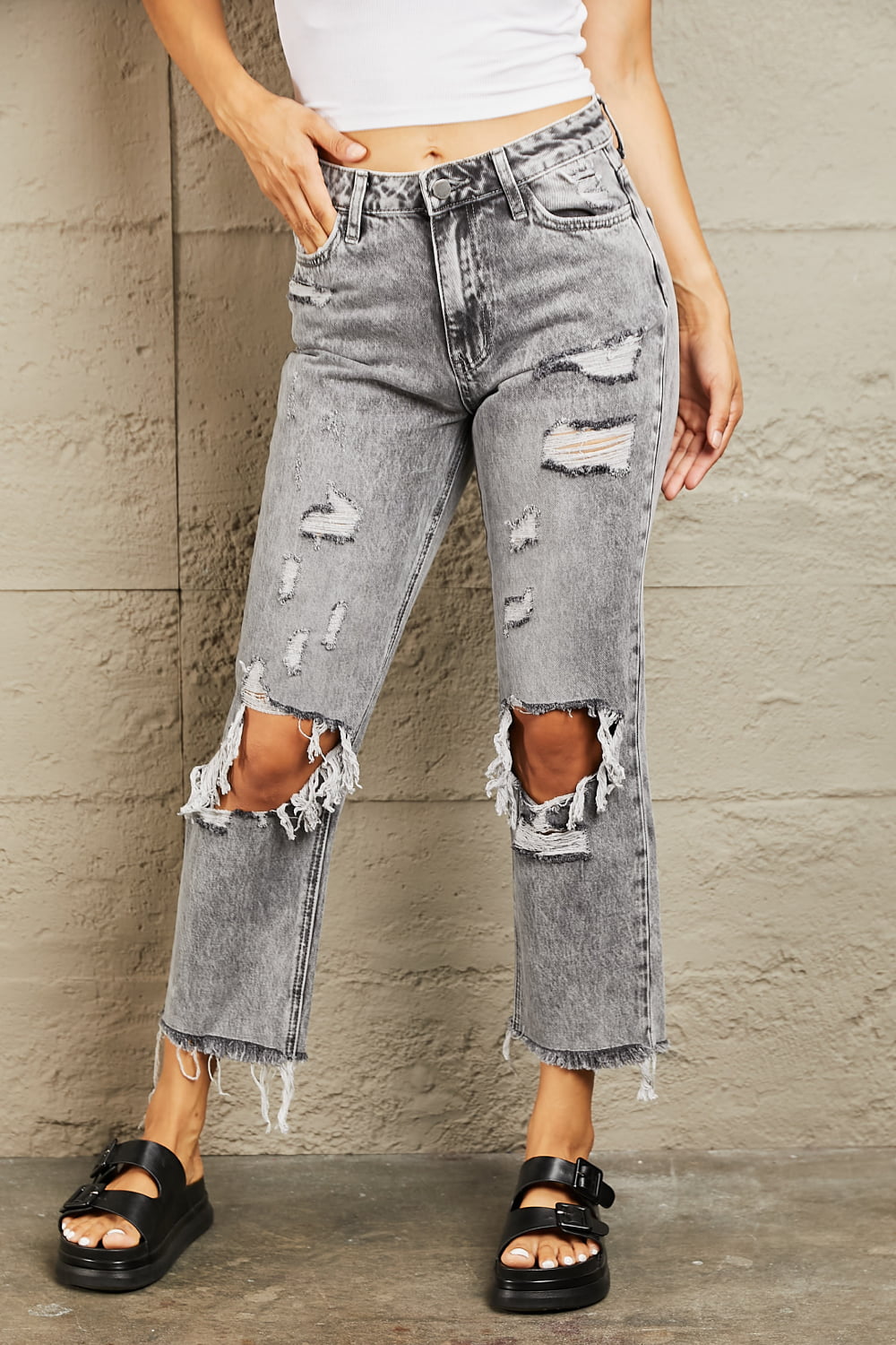 BAYEAS Acid Wash Distressed Straight Jeans  | KIKI COUTURE