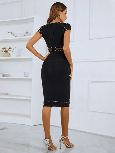 Studded Spliced Mesh V-Neck Dress  | KIKI COUTURE-Women's Clothing, Designer Fashions, Shoes, Bags