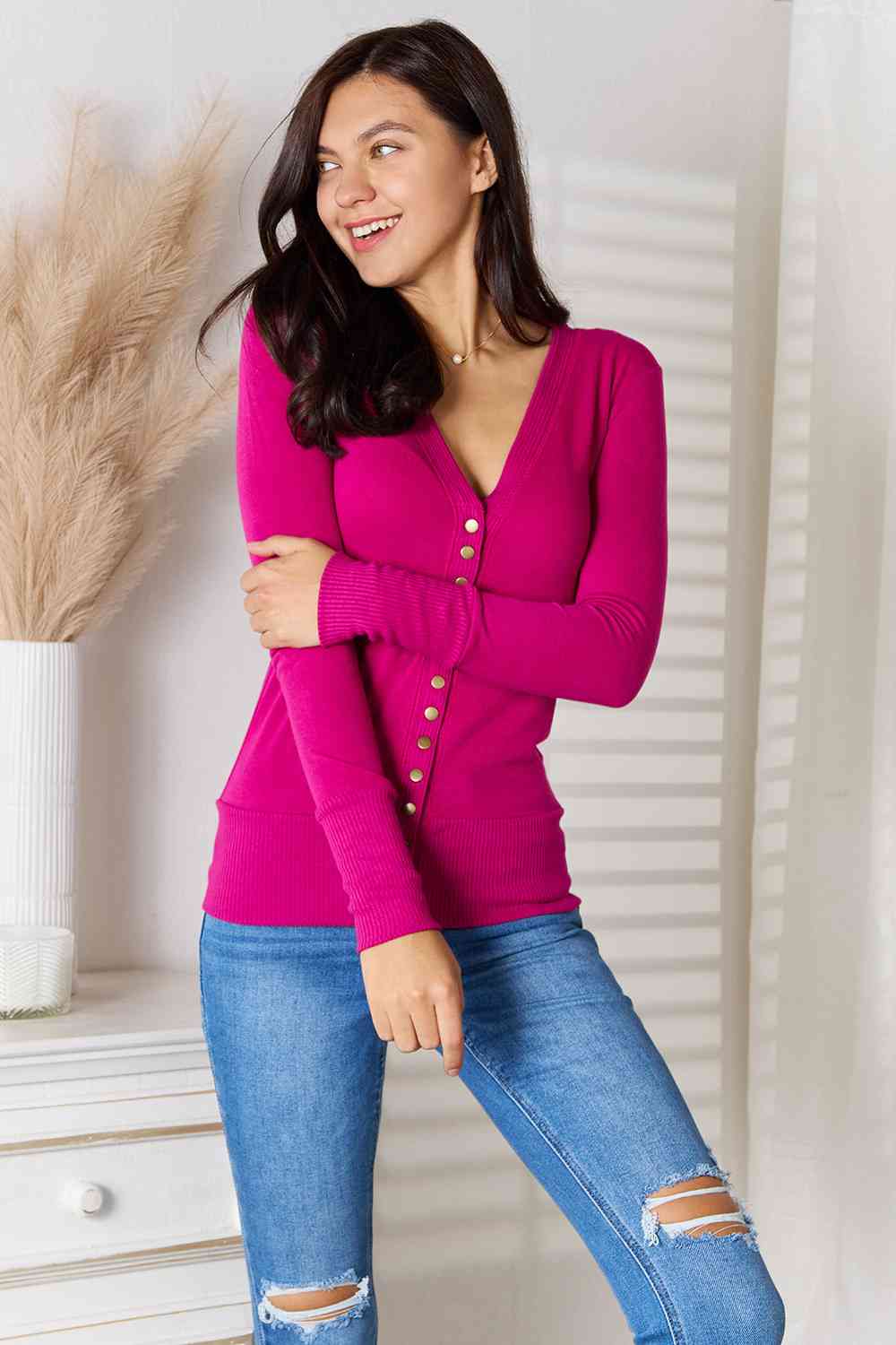 Zenana Full Size V-Neck Long Sleeve Cardigan  | KIKI COUTURE