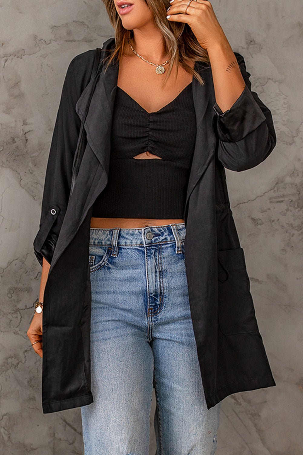 Drawstring Hooded Longline Jacket  | KIKI COUTURE-Women's Clothing, Designer Fashions, Shoes, Bags