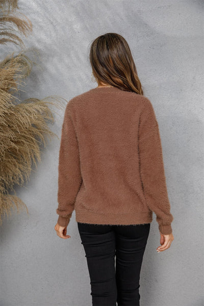 Dropped Shoulder Round Neck Fuzzy Sweater  | KIKI COUTURE-Women's Clothing, Designer Fashions, Shoes, Bags