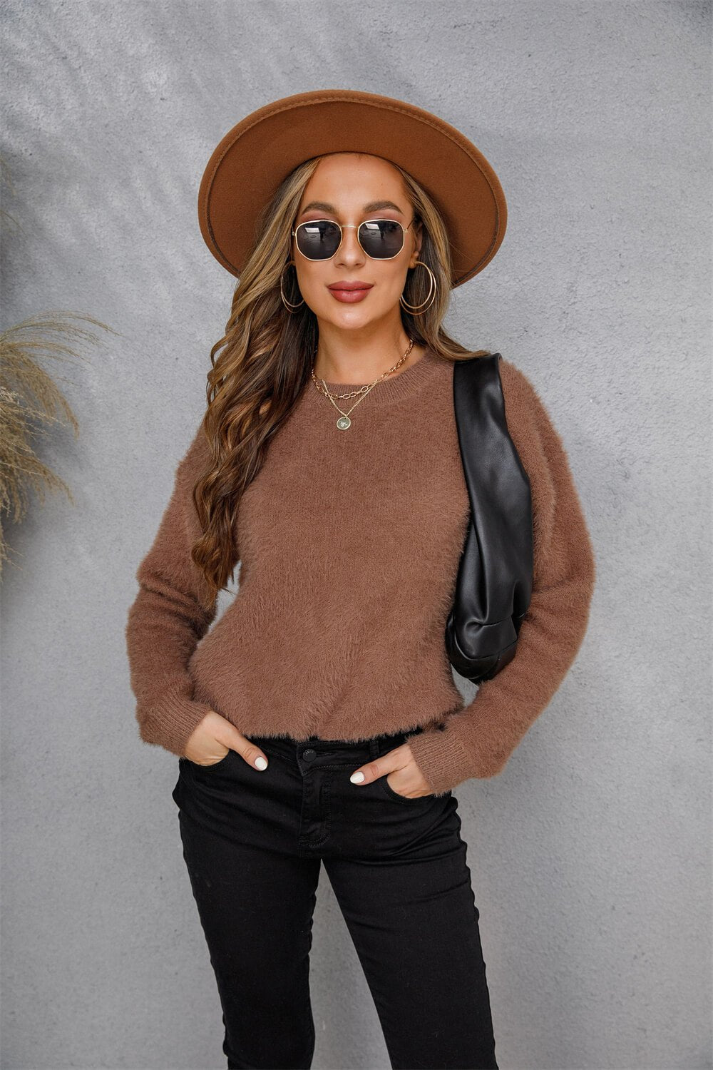 Dropped Shoulder Round Neck Fuzzy Sweater  | KIKI COUTURE-Women's Clothing, Designer Fashions, Shoes, Bags