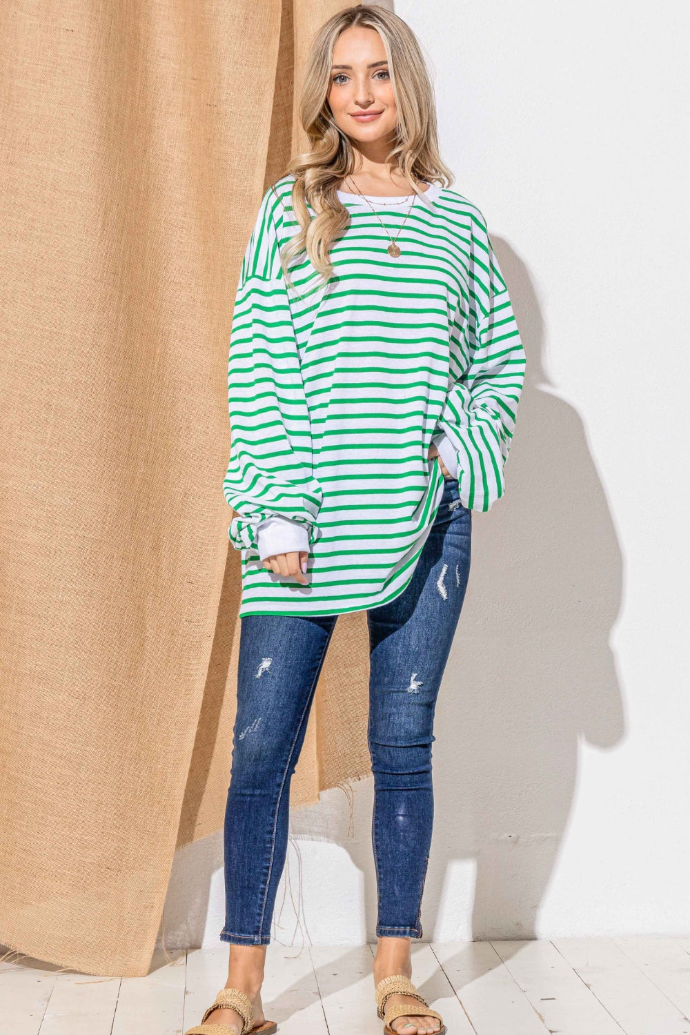 And The Why Oversized Striped Balloon Sleeve Top  | KIKI COUTURE