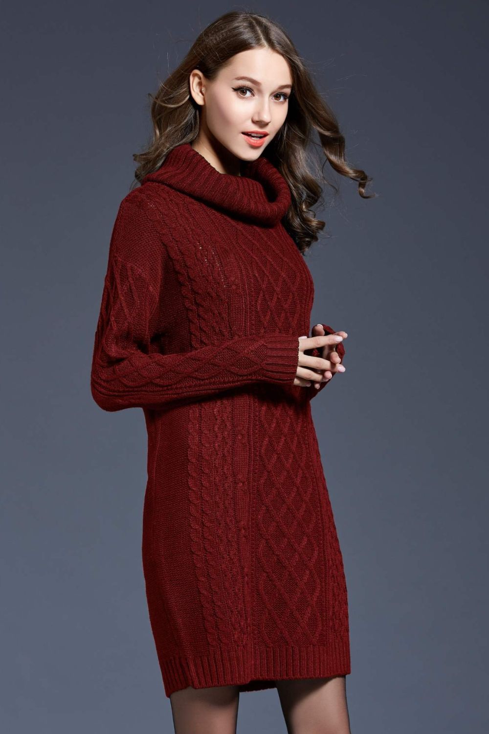 Full Size Mixed Knit Cowl Neck Dropped Shoulder Sweater Dress  | KIKI COUTURE-Women's Clothing, Designer Fashions, Shoes, Bags
