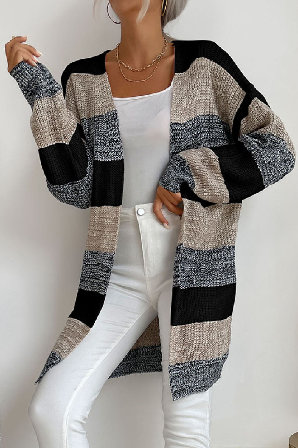 Striped Long Sleeve Duster Cardigan  | KIKI COUTURE-Women's Clothing, Designer Fashions, Shoes, Bags