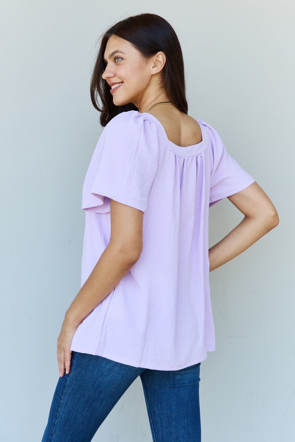 Ninexis Keep Me Close Square Neck Short Sleeve Blouse in Lavender  | KIKI COUTURE