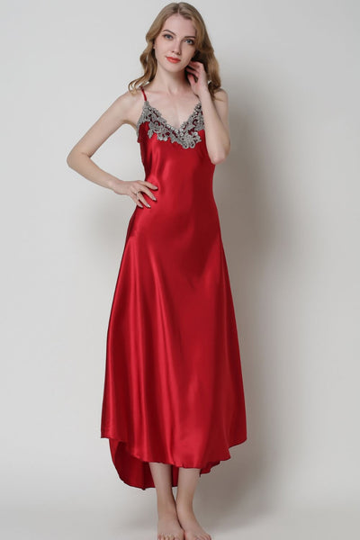 Full Size Lace Trim V-Neck Spaghetti Strap Satin Night Dress  | KIKI COUTURE-Women's Clothing, Designer Fashions, Shoes, Bags