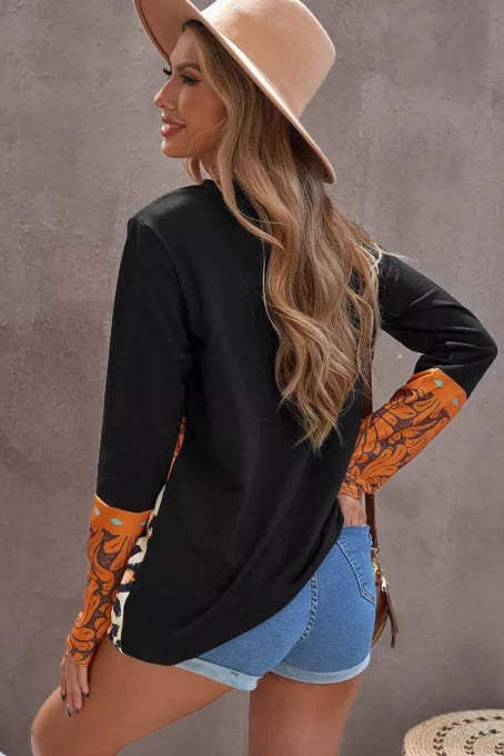 Mixed Print Color Block Long Sleeve Top  | KIKI COUTURE-Women's Clothing, Designer Fashions, Shoes, Bags