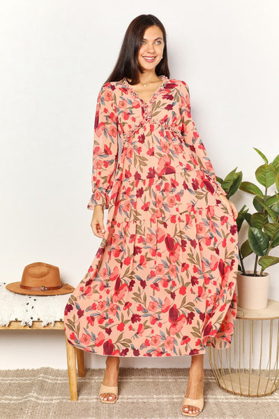 Double Take Floral Frill Trim Flounce Sleeve Plunge Maxi Dress  | KIKI COUTURE
