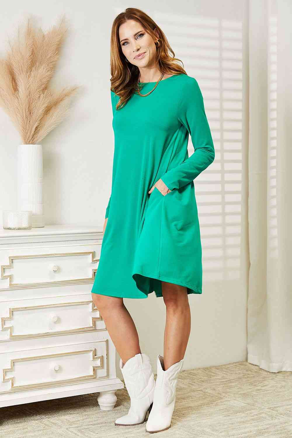 Zenana Full Size Long Sleeve Flare Dress with Pockets  | KIKI COUTURE