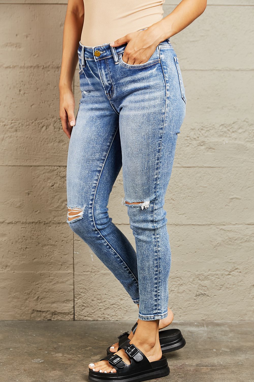 BAYEAS Mid Rise Distressed Skinny Jeans  | KIKI COUTURE
