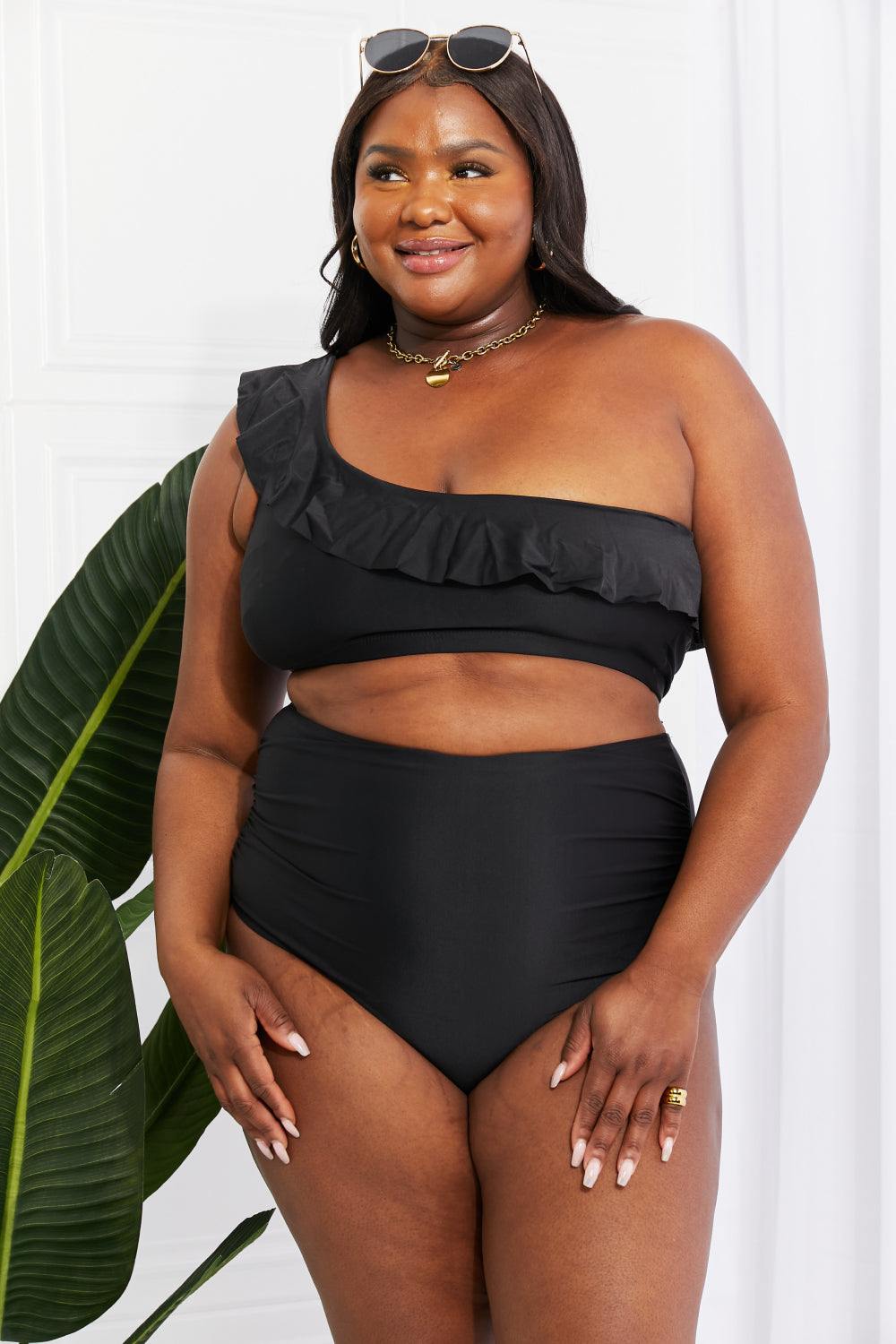 Marina West Swim Seaside Romance Ruffle One-Shoulder Bikini in Black  | KIKI COUTURE