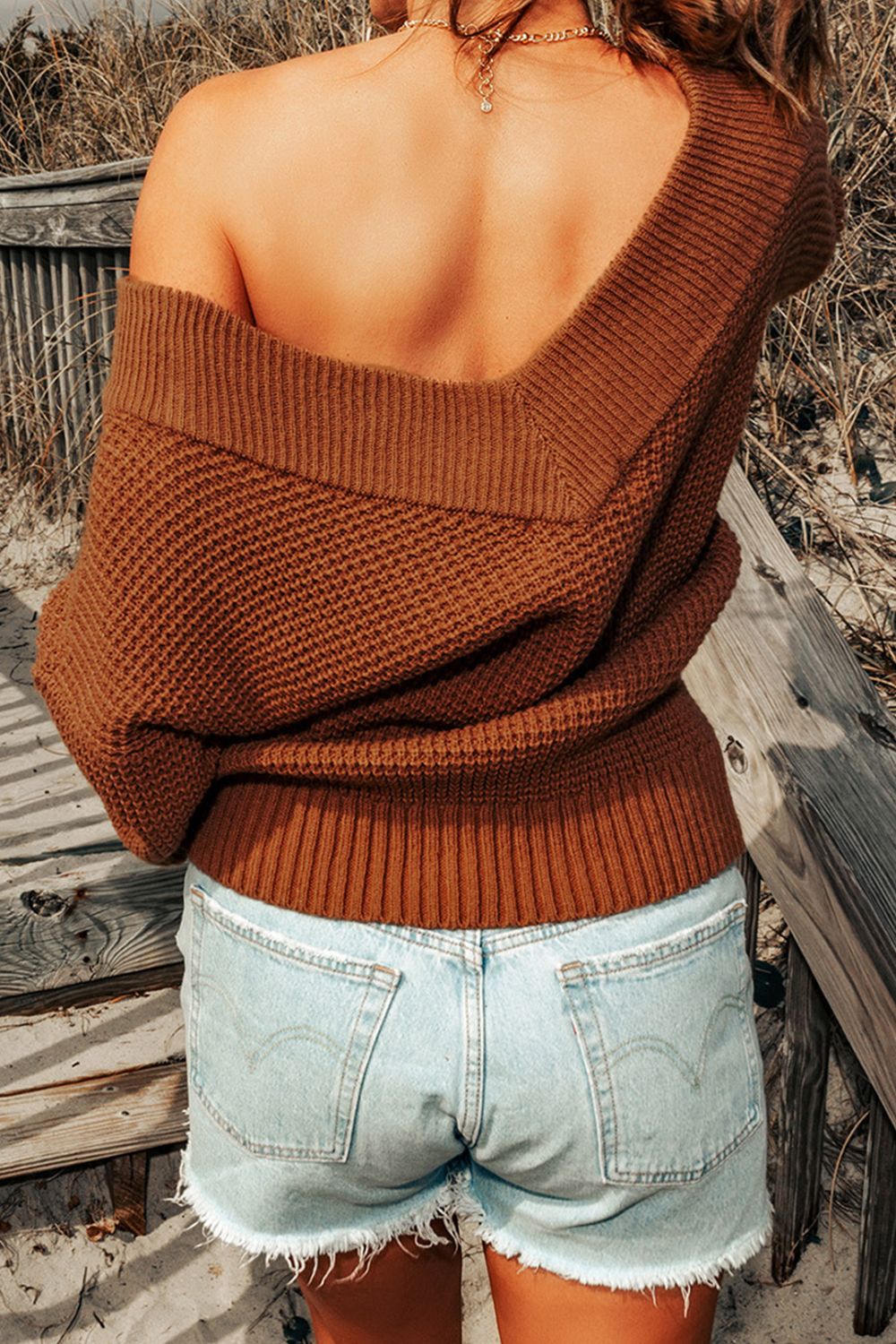 Rib-Knit Drop Shoulder V-Neck Sweater  | KIKI COUTURE-Women's Clothing, Designer Fashions, Shoes, Bags