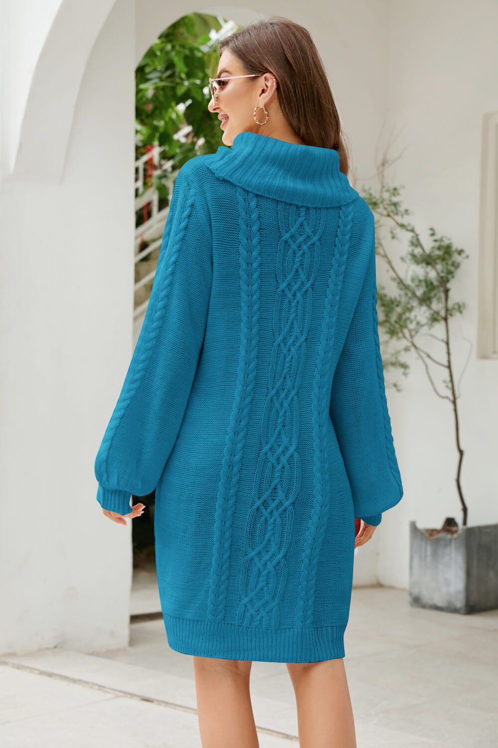 Mixed Knit Turtleneck Lantern Sleeve Sweater Dress  | KIKI COUTURE-Women's Clothing, Designer Fashions, Shoes, Bags