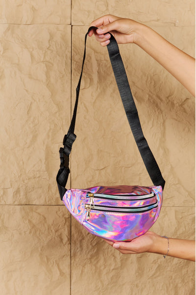 Fame Good Vibrations Holographic Double Zipper Fanny Pack in Hot Pink  | KIKI COUTURE