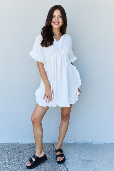 Ninexis Out Of Time Full Size Ruffle Hem Dress with Drawstring Waistband in White  | KIKI COUTURE