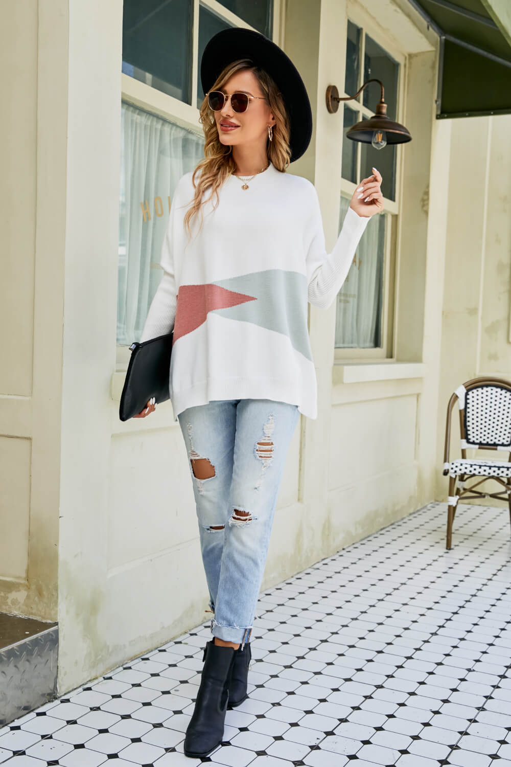 Color Block Round Neck Side Slit Sweater  | KIKI COUTURE-Women's Clothing, Designer Fashions, Shoes, Bags