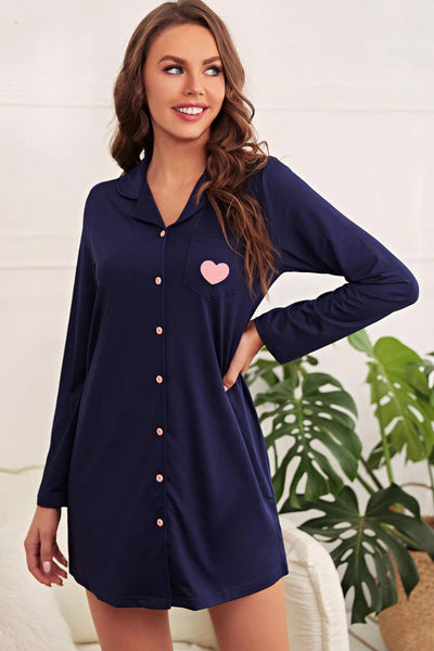 Heart Graphic Lapel Collar Night Shirt Dress  | KIKI COUTURE-Women's Clothing, Designer Fashions, Shoes, Bags
