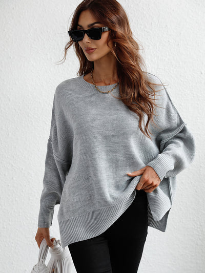 Exposed Seam Dropped Shoulder Slit Sweater  | KIKI COUTURE-Women's Clothing, Designer Fashions, Shoes, Bags