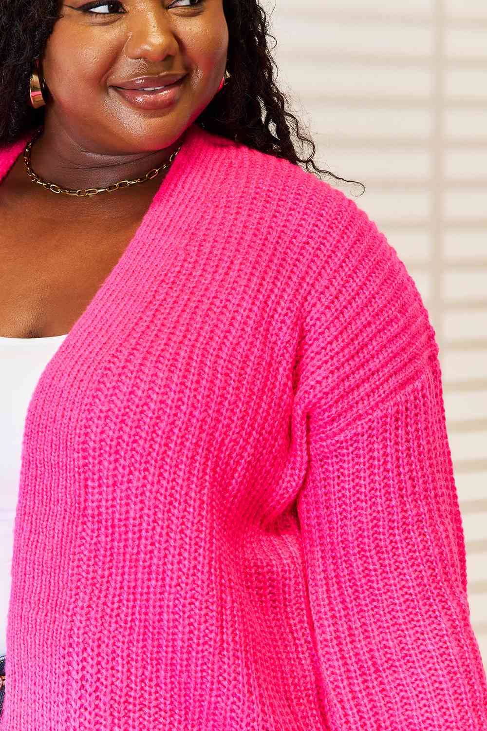 Woven Right Rib-Knit Open Front Drop Shoulder Cardigan  | KIKI COUTURE