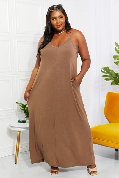 Zenana Full Size Beach Vibes Cami Maxi Dress in Mocha  | KIKI COUTURE
