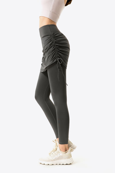Drawstring Ruched Faux Layered Yoga Leggings  | KIKI COUTURE-Women's Clothing, Designer Fashions, Shoes, Bags