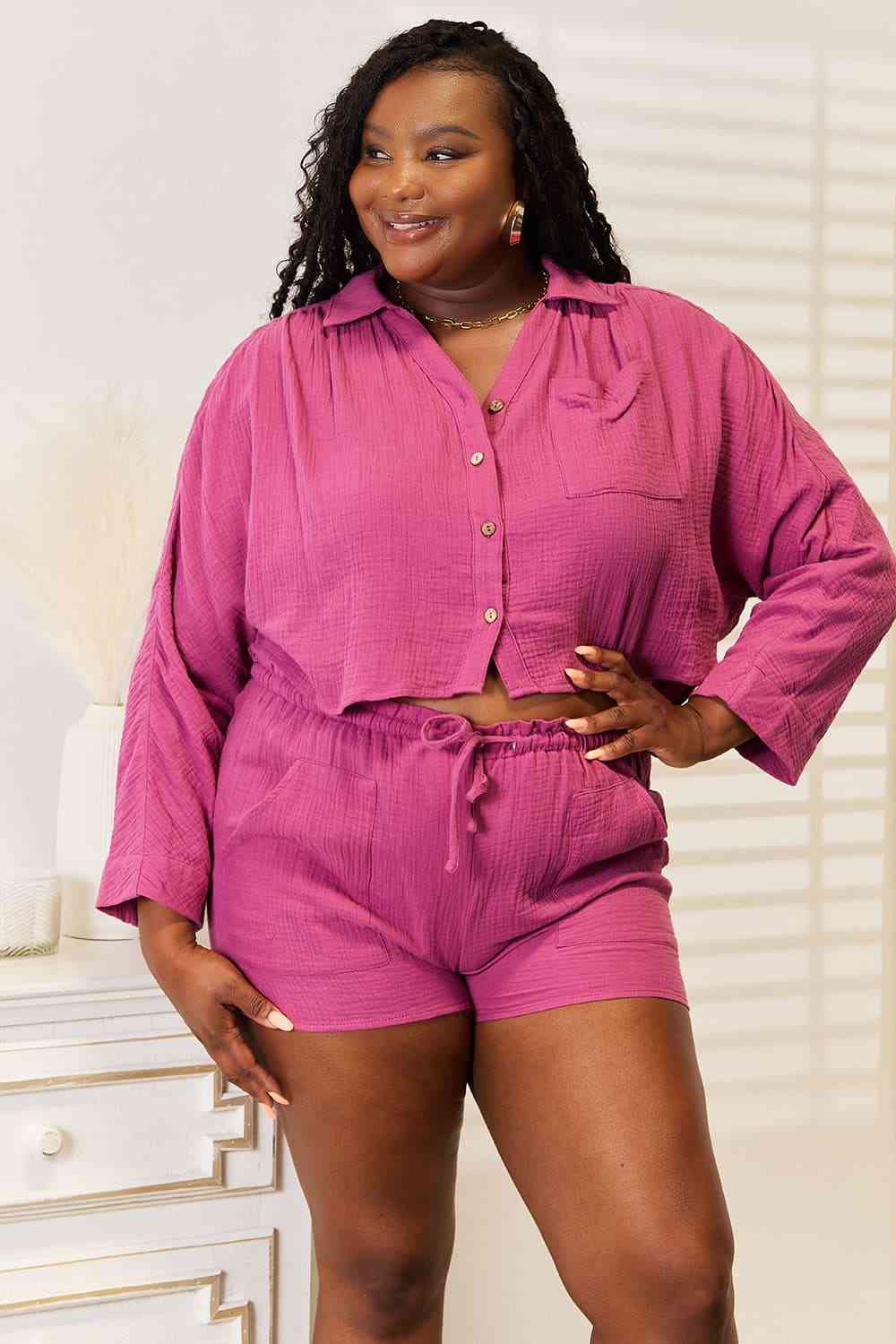 Basic Bae Buttoned Long Sleeve Top and Shorts Set  | KIKI COUTURE