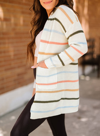 Striped Rib-Knit Open Front Pocketed Cardigan  | KIKI COUTURE-Women's Clothing, Designer Fashions, Shoes, Bags