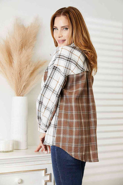 Double Take Plaid Contrast Button Up Shirt Jacket  | KIKI COUTURE