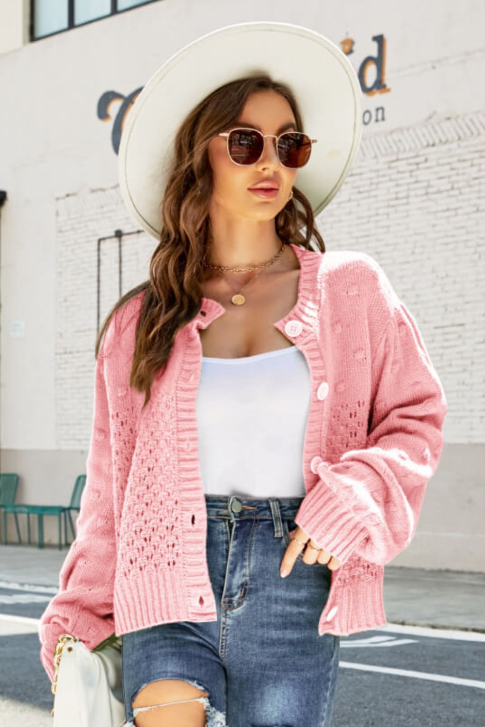 Openwork Pompom Puff Sleeve Cardigan  | KIKI COUTURE-Women's Clothing, Designer Fashions, Shoes, Bags