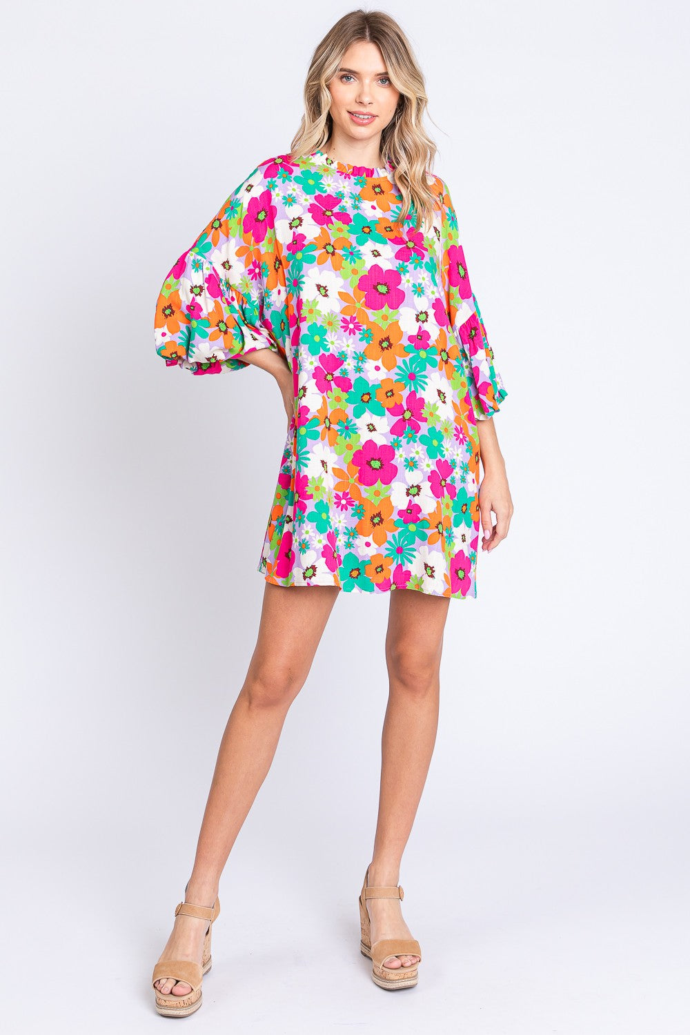 GeeGee Full Size Floral Round Neck Lantern Sleeve Mini Dress  | KIKI COUTURE