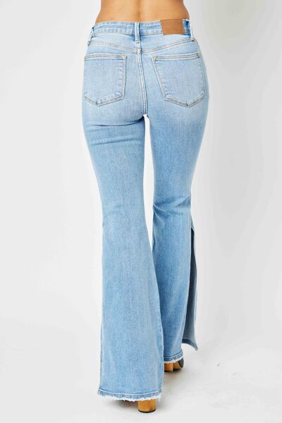 Judy Blue Full Size Mid Rise Raw Hem Slit Flare Jeans  | KIKI COUTURE